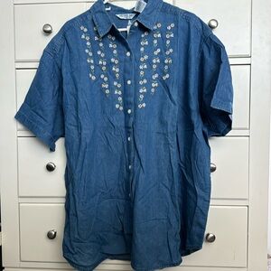 Victoria Jones Woman Denim Button-Down Blouse with Embroidered Flowers